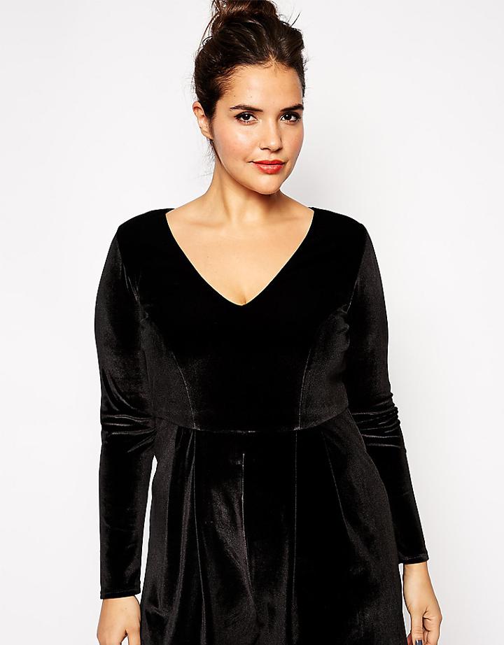 Asos Curve Romper In Velvet With Deep Plunge - Black