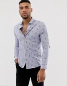 Asos Design Stretch Slim Stripe Shirt With Floral-navy