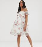 Chi Chi London Maternity Bardot Overlay Floral Dress With Frill In Cream-multi