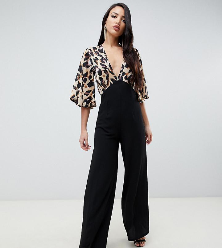 John Zack Tall Contrast Leopard Top Wide Leg Jumpsuit In Black-multi