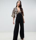 John Zack Tall Contrast Leopard Top Wide Leg Jumpsuit In Black-multi