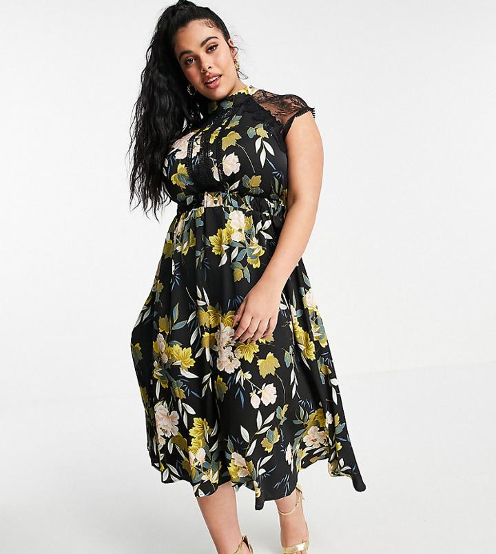 Liquorish Curve Midi A Line Dress In Navy Print