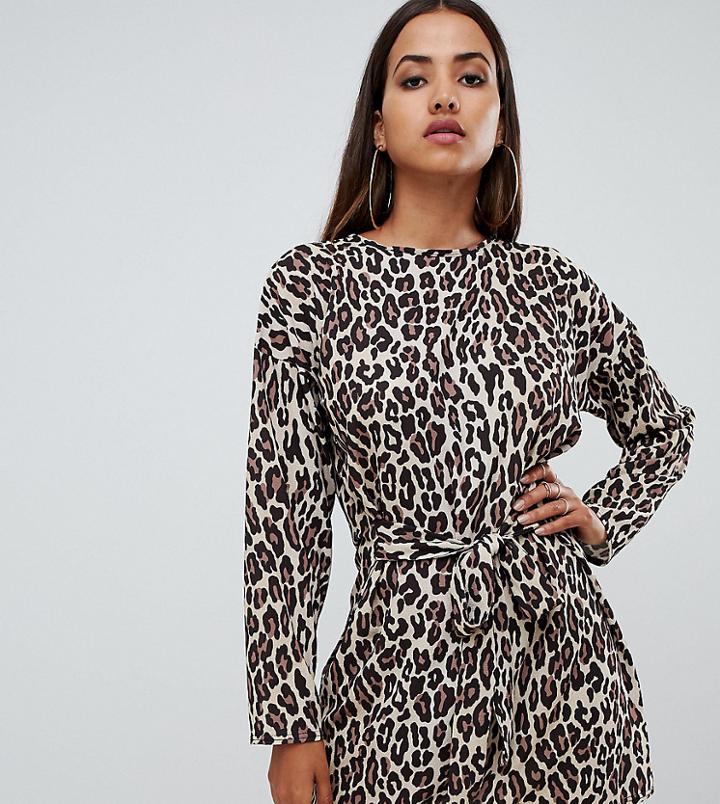 Prettylittlething Tie Waist Dress In Leopard - Multi
