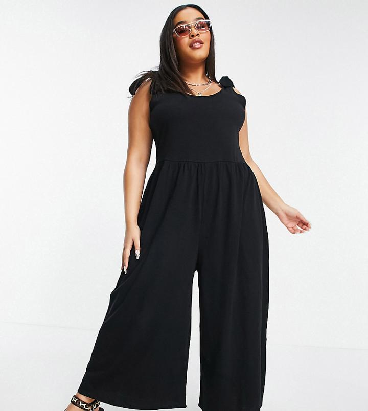 Asos Design Curve Tie Shoulder Smock Jumpsuit In Black
