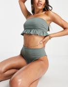 Asos Design High Leg High Waist Bikini Bottom In Khaki Texture-green