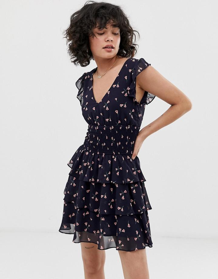 Wild Honey Tea Dress With Shirred Waist In Floral - Black