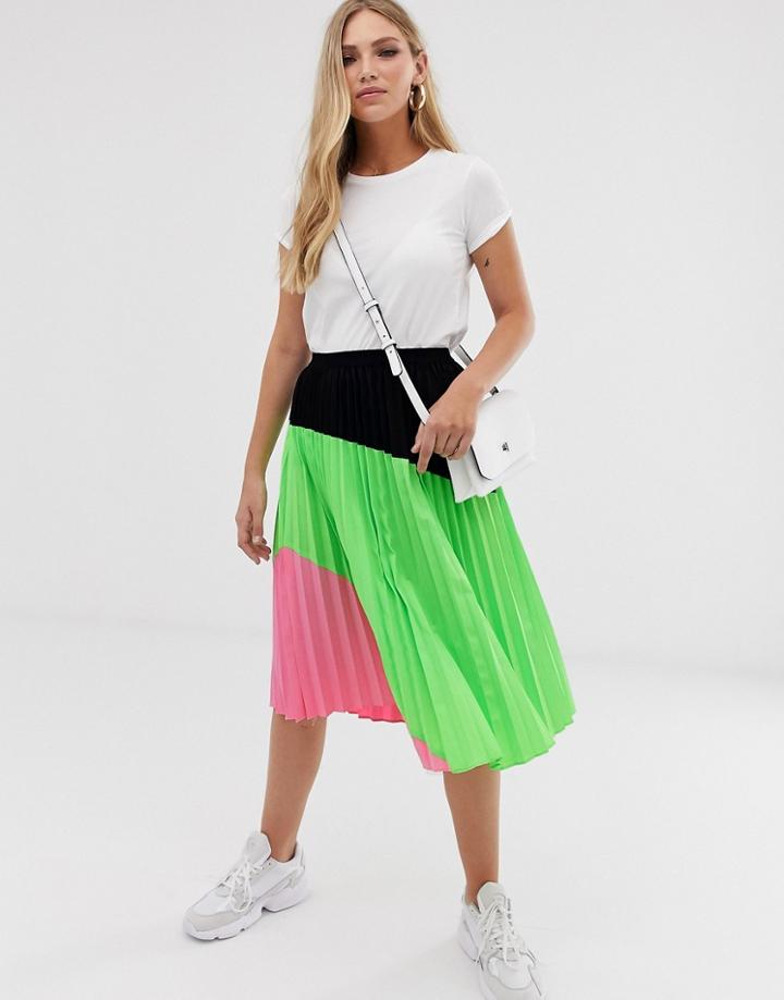 Liquorish Pleated Midi Skirt In Neon Color Block-multi