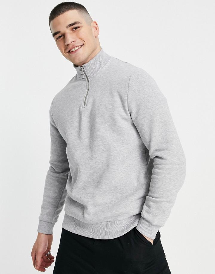 Asos Design Half Zip Sweatshirt In Gray Heather-grey