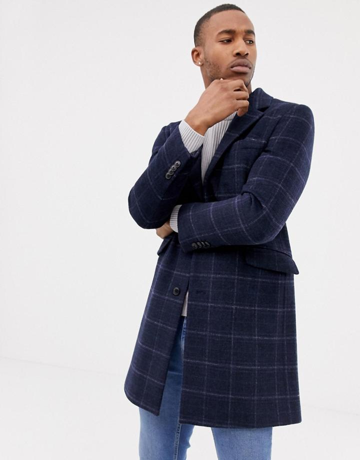 Asos Design Wool Mix Overcoat In Navy Check - Navy