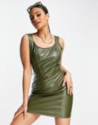 Naanaa Body-conscious Mini Dress In Khaki Faux Leather-green