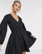 Asos Design V Neck Cotton Poplin Elasticated Waist Mini Dress In Black