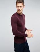 Asos Muscle Fit Cotton Crew Neck Sweater In Burgundy - Red