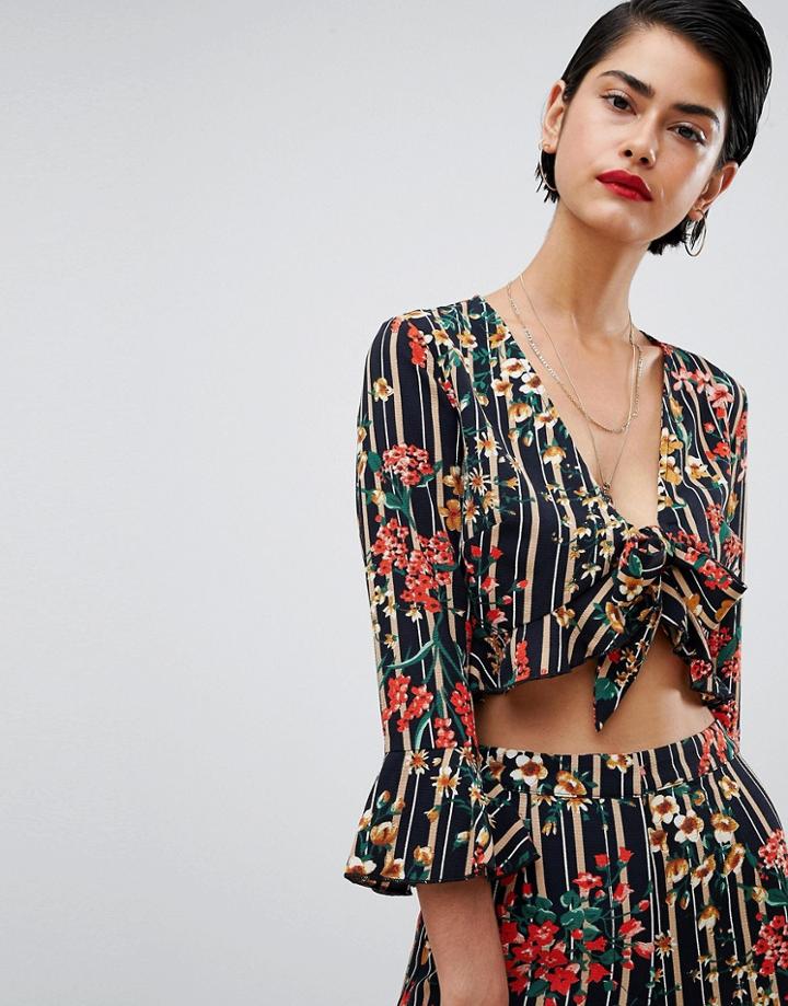 Missguided Striped And Floral Tie Front Top - Black