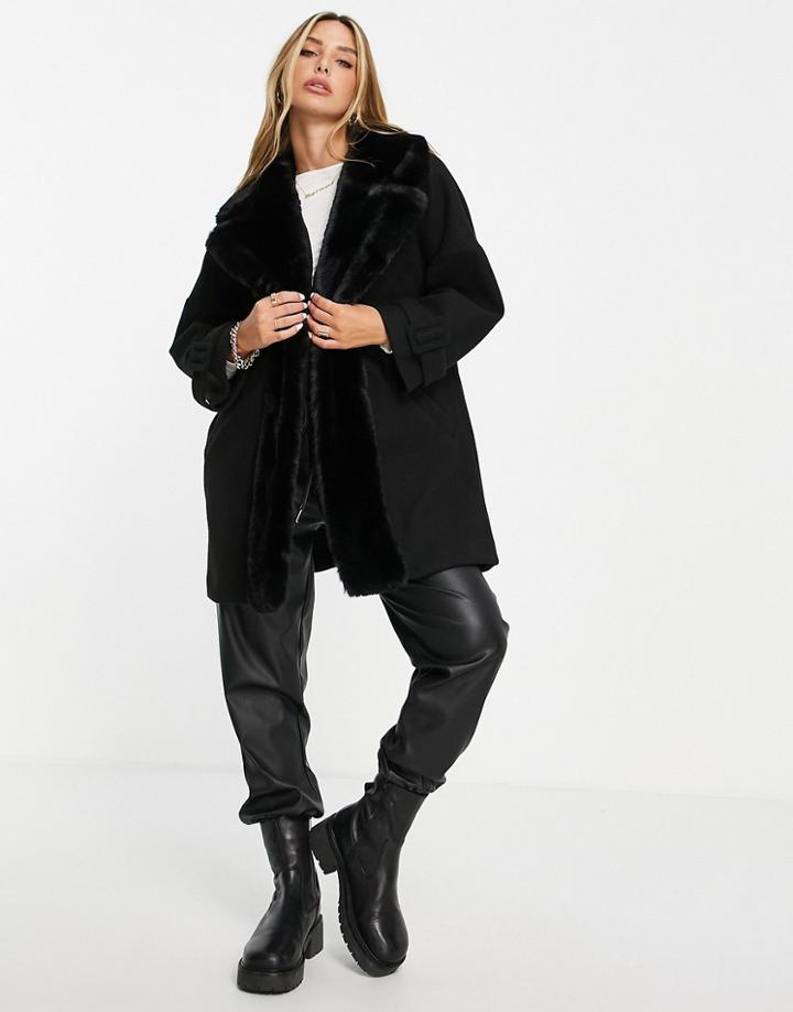 River Island Faux Fur Trim Swing Coat In Black