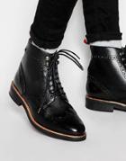 Asos Brogue Boots In Black Leather With Red Pull Tab - Black