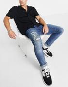Only & Sons Slim Fit Jeans With Rips In Midwash Blue-blues