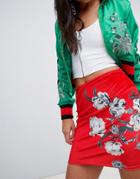 Missguided Floral Printed Velvet Skirt - Red