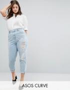 Asos Curve Original Mom Jeans In Missouri Wash With Rips - Blue