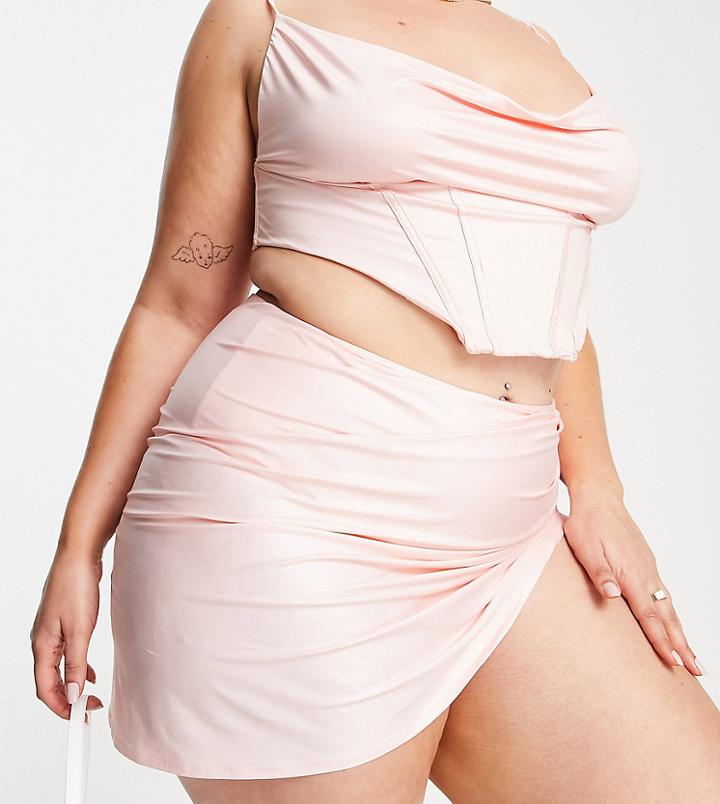 Asos Luxe Curve Satin Wrap Skirt Bikini Bottom In Blush-pink