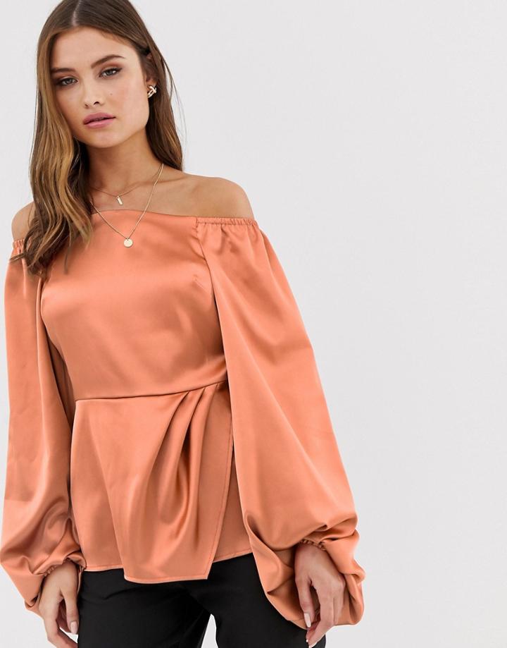Asos Design Long Sleeve Off Shoulder Top In Satin - Pink