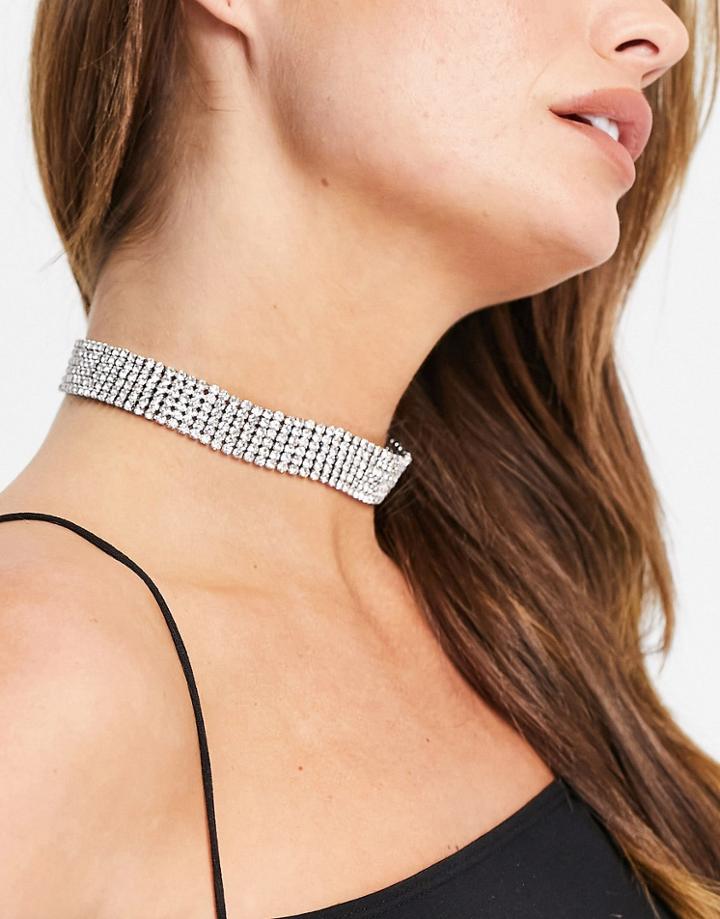Asos Design Crystal Choker Necklace In Silver Tone
