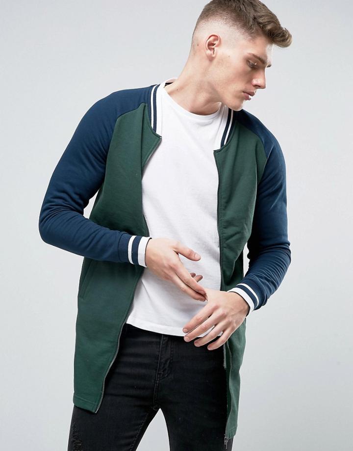 Brave Soul Long Line Baseball Zip Through Sweat Jacket - Green
