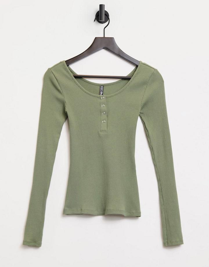 Pieces Organic Cotton Ribbed Top With Button Down In Khaki-green