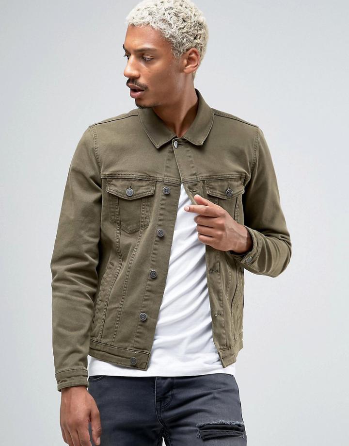Asos Skinny Denim Jacket In Khaki - Green