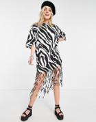 Monki Fringe Organic Cotton Longline T-shirt In Zebra Print-multi