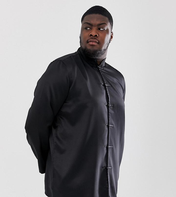 Asos Design Plus Regular Fit Satin Manderin Collar Shirt In Black - Black
