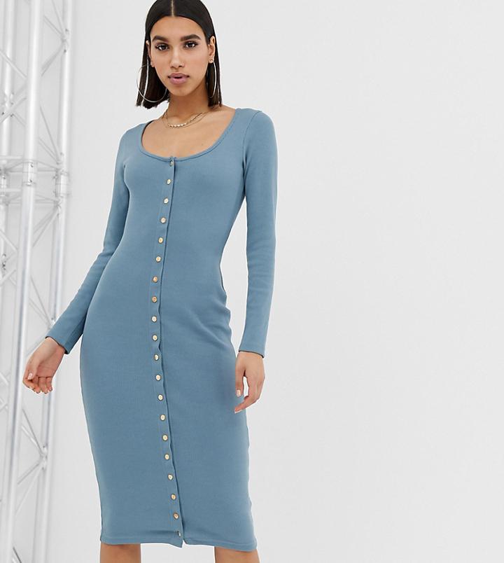 Missguided Popper Through Midi Dress In Blue - Blue