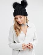 My Accessories Beanie With Double Faux Fur Pom - Black