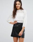 Hedonia 3/4 Sleeve High Neck Top With Lace Panel - Cream