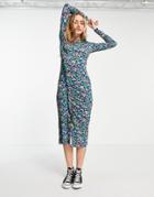Asos Design Midi Dress With Frill Ruched Detail In Blue Floral-blues