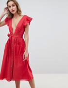 Neon Rose Button Front Midi Dress With Flutter Sleeves - Red