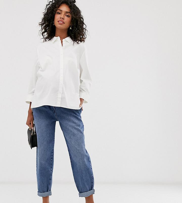 Asos Design Maternity Tapered Leg Boyfriend Jeans With Curve Seam In Mid Vintage Wash With Over The Bump Band-blue