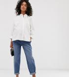 Asos Design Maternity Tapered Leg Boyfriend Jeans With Curve Seam In Mid Vintage Wash With Over The Bump Band-blue