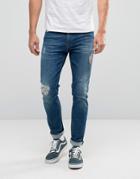 Asos Skinny Jeans With Rips In Mid Blue - Blue