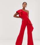 True Violet Exclusive One Shoulder Peplum Frill Jumpsuit In Red - Red