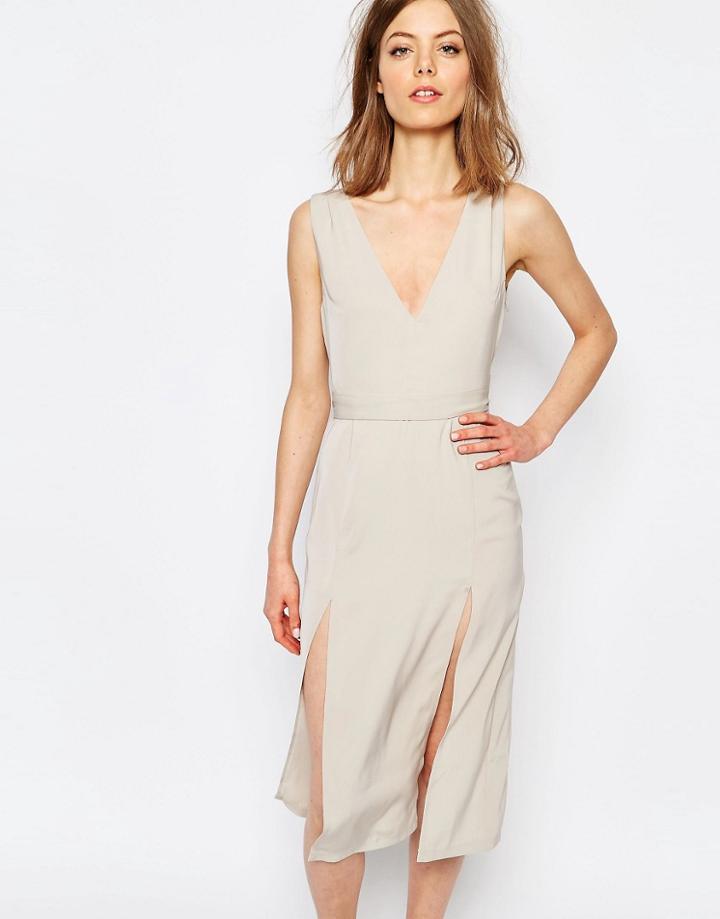 Neon Rose Dress With Plunge Neck - Stone