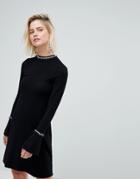 Warehouse Embellished Neck Flare Cuff Knitted Dress - Black