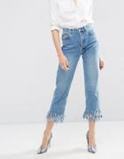 Asos Authentic Straight Leg In Oxford Wash With Fringed Hem - Midwash Blue