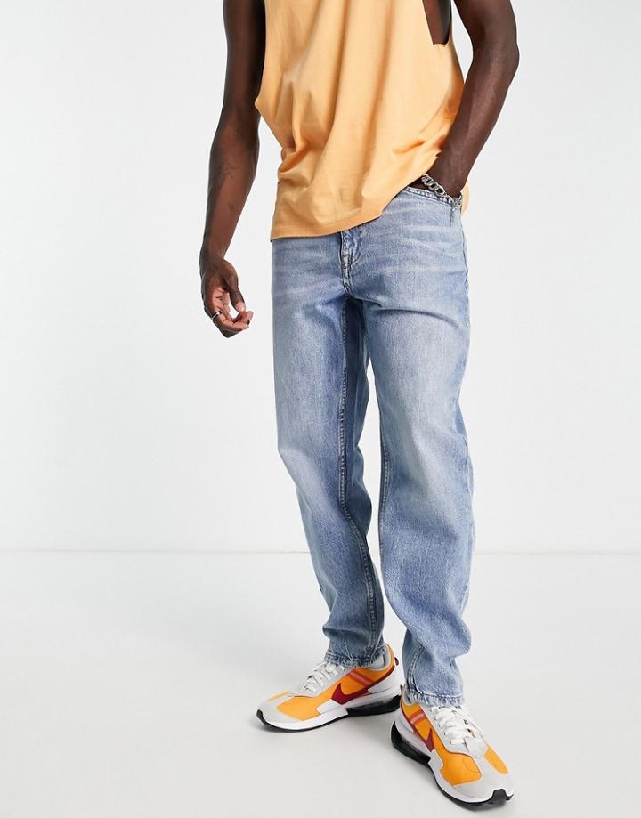 Bershka Straight Leg Jeans In Light Blue-black