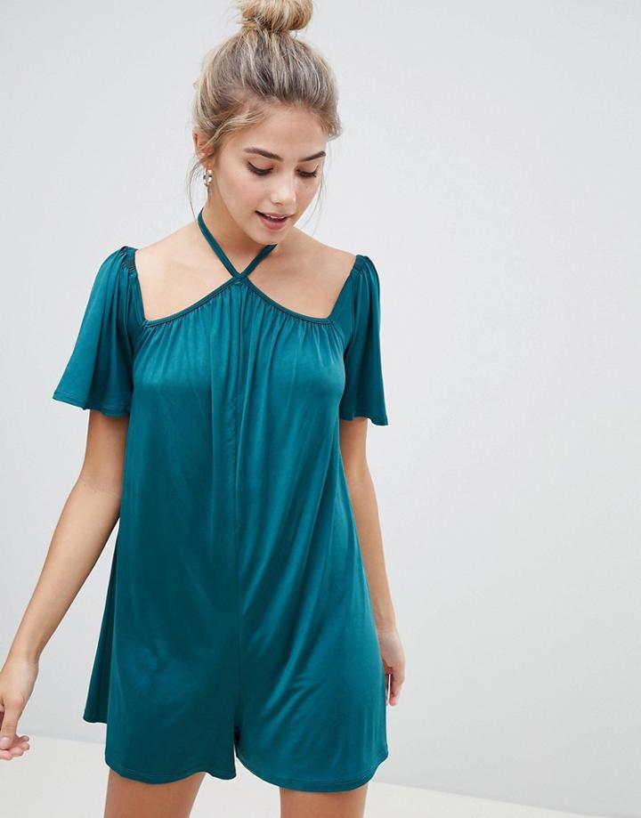 Asos Design Romper In Slinky With Halterneck And Angel Sleeve - Black
