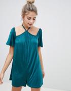 Asos Design Romper In Slinky With Halterneck And Angel Sleeve - Black