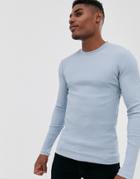 Asos Design Muscle Fit Long Sleeve T-shirt In Rib In Blue