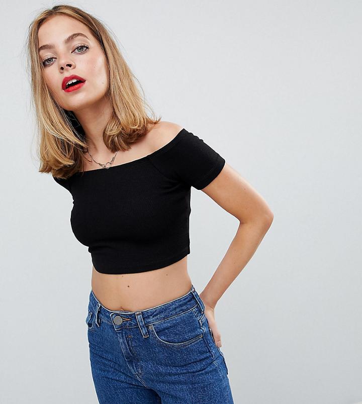 Asos Design Petite Off Shoulder Crop Top In Rib - Black