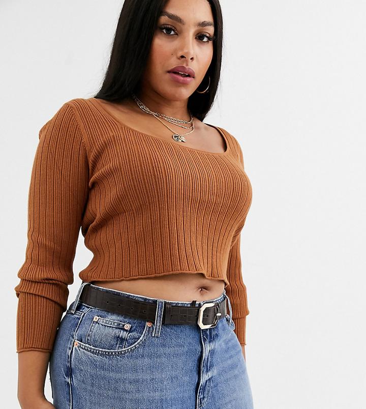 Asos Design Curve Hexagon Buckle Croc Waist And Hip Jeans Belt In Chocolate-brown