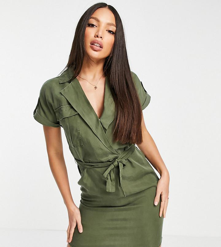 Noisy May Tall Tie Waist Shirt Dress In Khaki-green