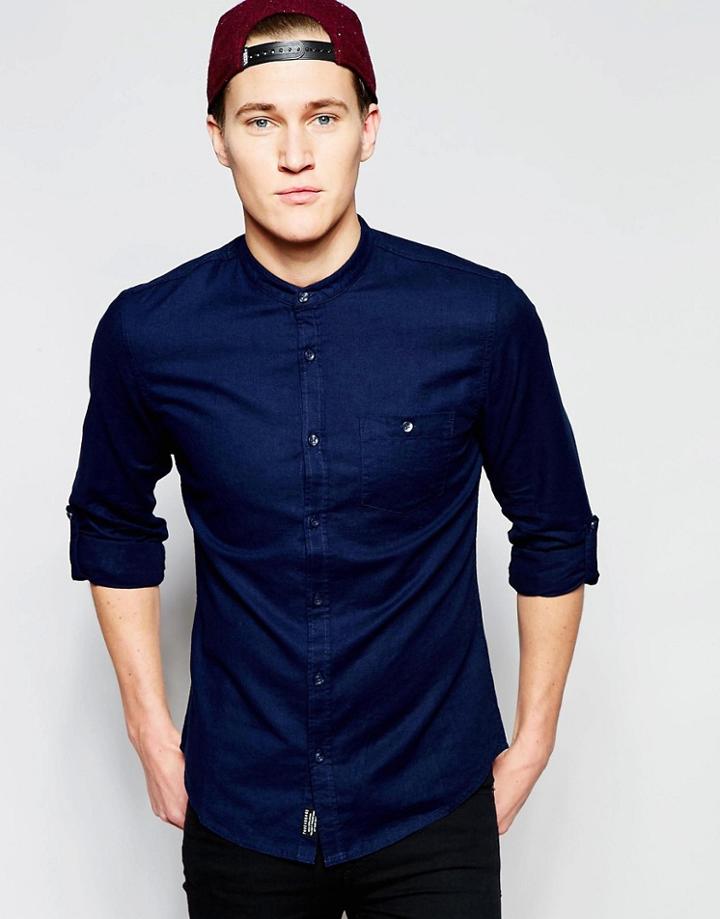 Threadbare Cotton Linen Grandad Shirt - Navy